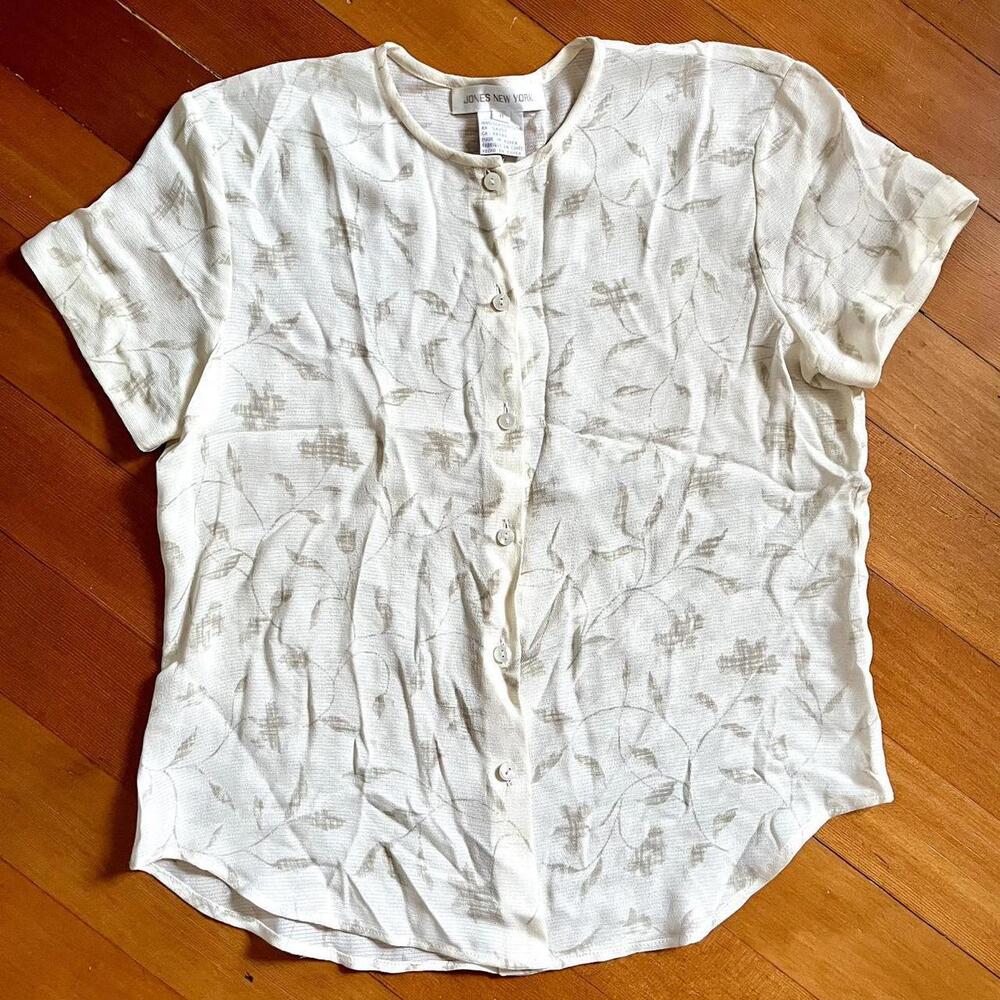 Vintage 90s Jones New York 100% Silk Abstract Neutral Floral Blouse, Size 8